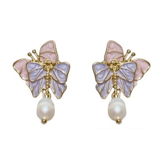 Cuddling Butterflies- Pink Purple Pastel Layered Kissing White Pearl Gold Dangle - Picture 3 of 16